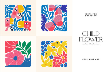 Floral abstract elements. Botanical composition. Modern trendy Matisse minimal style. Floral poster, invite. Vector arrangements for greeting card or invitation design