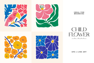 Floral abstract elements. Botanical composition. Modern trendy Matisse minimal style. Floral poster, invite. Vector arrangements for greeting card or invitation design
