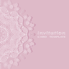 Invitation or Card template with lacе frame border, doodle line pattern, mandala element. Decorative openwork filigree art background for Wedding, Valentine's day greeting card, Birthday Invitation