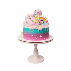 Festive colored birthday cake on a stand isolated on transparent background