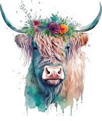 beautiful watercolor highland cow with flowers on her head floral headband