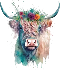 Foto op geborsteld aluminium Boho dieren beautiful watercolor highland cow with flowers on her head floral headband