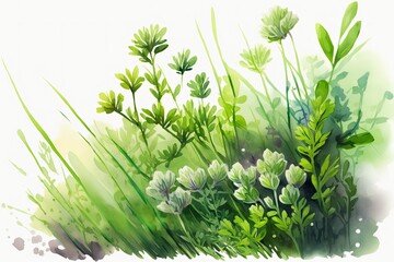It's a watercolor sketch of some green grass up close. Green and lush; a meadow scene. Clover, fresh herbs, and other natural flora serve as a scenic backdrop. Generative AI