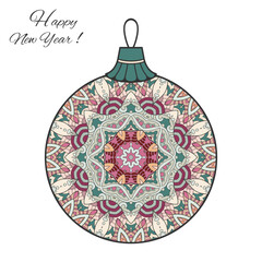 Colorful Christmas ball with hand drawn mandala ornament. Happy New Year card or invitation template. Decorative geometric doodle floral pattern. Isolated element for textile or paper print