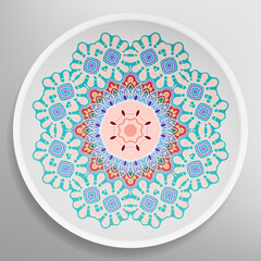 Decorative plate with round ornament in ethnic style. Mandala circular abstract geometric floral pattern. Fashion background with ornate dish. Interior home decor, vector illustration