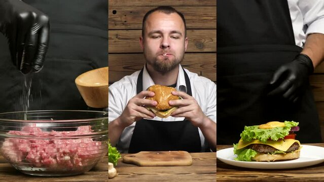bearded young chef prepares an appetizing hamburger and eats a burger. cooking, fast food concept.Junk food, modern life concept.collage,multiscreen