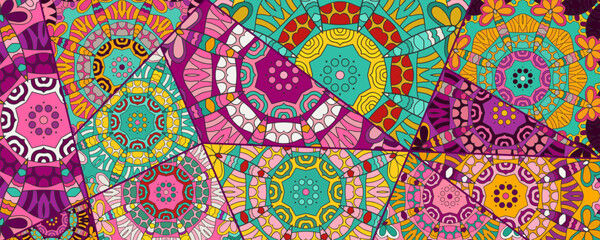 Vector patchwork quilt pattern. Vintage decorative collage. Hand drawn background. Indian, Arabic, Turkish motifs for printing on fabric or paper. Abstract colorful doodle pattern in mosaic style