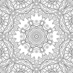 Black and white doodle seamless pattern. Hand drawn line mandala background. Art sketch drawing. Fashion lace texture for textile fabric, paper print. Ethnic ornamental decor for shawl, scarf, hijab