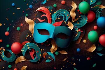 Carnival Background With Masks, Confetti And Streamers. Generative AI