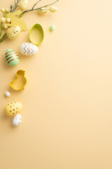 Easter mood concept. Top view vertical photo of colorful easter eggs baking molds and easter plant...