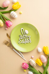 Fototapeta na wymiar Easter celebration concept. Top view vertical photo of green plate with inscription happy easter cutlery easter eggs yellow and pink tulips on isolated pastel beige background