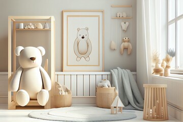 ChildrenS Bright Room In Modern Scandinavian Style, Eco Concept With Wooden Elements, Toys And Frame With Poster Mockup. Generative AI