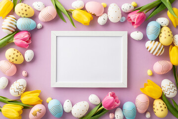 Easter concept. Top view photo of photo frame colorful easter eggs spring flowers yellow and pink tulips on isolated lilac background with blank space