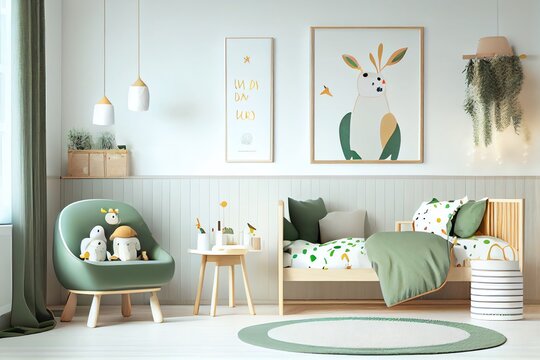 ChildrenS Bright Room In Modern Scandinavian Style, Eco Concept With Wooden Elements, Toys And Frame With Poster Mockup. Generative AI
