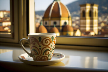 Cup of morning coffee on the windowsill an open window with overlooking Florence. Travel concept and morning with breakfast at the hotel. Generative AI - obrazy, fototapety, plakaty