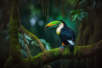 Naklejka premium A toucan perches on a limb in a lush forest backdrop. Central American ecotourism and adventure travel. Ramphastos sulfuratus, or the keel billed toucan. Creatures wild to Nicaragua. Generative AI