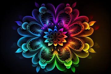 Colorful Neon Gradient Fractal Mandala Flower Rgb Abstract Background. Generative AI