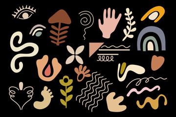 Hand drawn abstract background. Big set of doodle objects, various colorful shapes and lines. Isolated design elements.  Contemporary modern trendy vector illustration