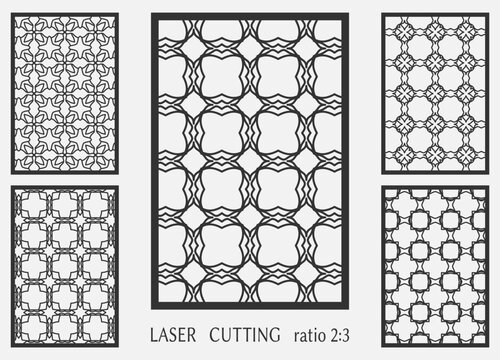 Templates for laser cutting, plotter cutting, printing. Line patterns set. Geometric design cut out of paper. Mandala die cut ornament. Fretwork panels, cutout silhouette stencils