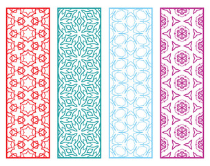 Decorative geometric line borders with repeating texture. Tribal ethnic arabic, indian, turkish ornament, bookmarks templates set. Isolated design elements. Stylized lace patterns collection