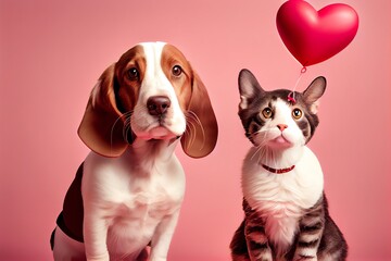 Cute Dog And Cat With Valentine Heart Shape Balloon On Pink Background. Photograph Of ValentineS Day Card With Adorable Dog. Generative AI