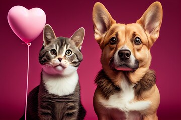 Cute Dog And Cat With Valentine Heart Shape Balloon On Pink Background. Photograph Of ValentineS Day Card With Adorable Dog. Generative AI