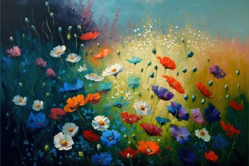 Fototapeta na wymiar Impressionistic painting of flowers, generative ai