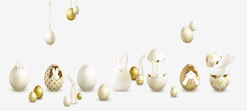 Set of Easter decoration with bunnies and eggs, isolated on white.