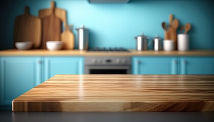 Fototapeta na wymiar empty wooden desk over blurred,defocused kitchen with copy space. Generative Ai 