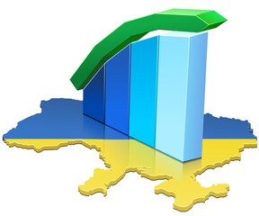3D map of Ukraine in the colors of the Ukrainian flag with bars and a rising statistics curve (cut out)