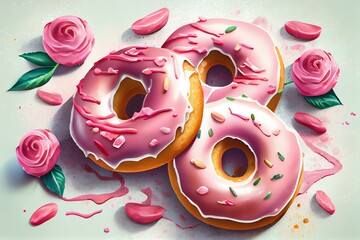 Donuts With Pink Frosting And Rose Petals For ValentineS Day, Mothers Day Or Birthday. Illustration. Generative AI