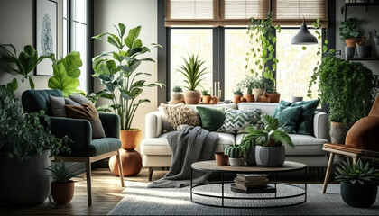 Fototapeta na wymiar A touch of nature inside with beautiful plants that not only improve the aesthetics of the home, but also improve air quality and general well-being. sustainable life.