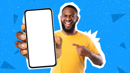 Excited African American man presenting smartphone with blank screen