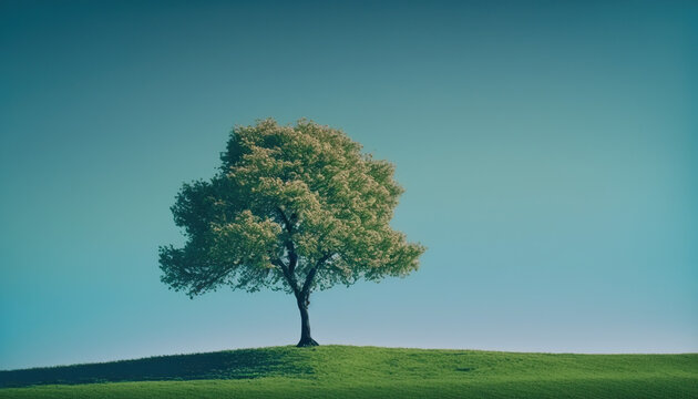 A lone tree stands tall, a symbol of nature's power and beauty. The blue sky serves as a reminder of the importance of trees in our ecosystem.