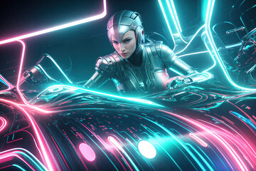 Fototapeta na wymiar Android female character action, distorted futuristic neon spacecraft cabin, control panel. Sci-fi movie. Generative AI