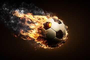 Fototapeta premium Burning with flames football flies on dark background. Generative ai