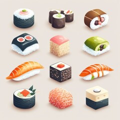 Sushi - asian food with fish, rice, seaweed, caviar. Sushi icon set illustration. GENERATIVE AI
