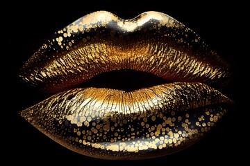 Gold Lips Metallic Gloss On Black Background, Fashion Lip Makeup Close-Up, Macro Texture Lip Makeup. Generative AI