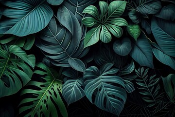 Green Plant Leaves Background, Floral Tropical Pattern For Wallpaper. Generative AI