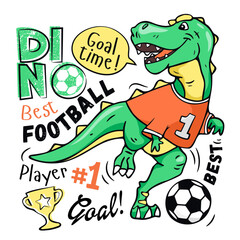 Art. Cute dinosaur plays soccer. Design for kids poster, T-shirt, prints, nursery closing, fabrics. Vector illustration. T-rex dinosaur. Football.