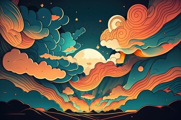 Whimsical Doodle Cartoon Cloudy Sky Illustration in Abstract Style, generative ai