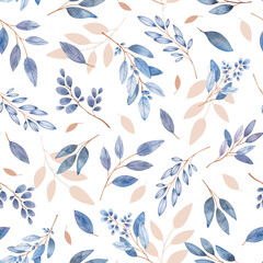Seamless watercolor pattern with blue and beige twigs. Leaves drawn by hand on a white background. Use it for postcards, invitations and scrapbooking.