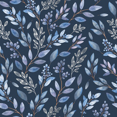 Seamless watercolor pattern with blue, pink twigs and flowers. Hand-painted leaves and flowers on a dark background.Use it for postcards, invitations and scrapbooking.