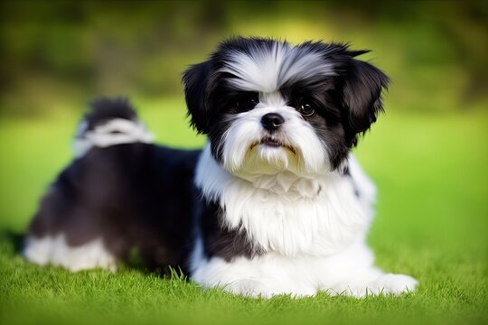 Cute Shitzu dog in the park, generative ai color grading. Shih Tzu puppy smiling