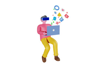 Boy using social media by VR  3d illustration