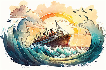 Naklejka premium A ship sailing during a storm, high waves, sailing, drawing concept, cartoon, created with Generative AI