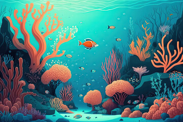 Naklejka na ściany i meble Beautiful coral reef full of life, fish and underwater plants, concept, created with Generative AI