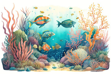 Beautiful coral reef full of life, fish and underwater plants, watercolor concept, created with Generative AI