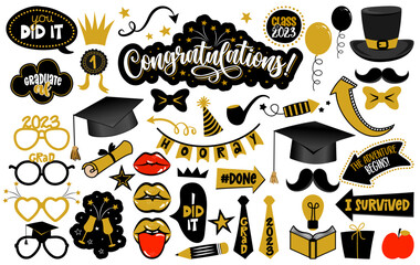 Congratulations Graduates photo booth prop set. Premium vector cap, hat, lips, eyeglasses, degree and many other. Graduation party photo booth. Let the adventure begin. - obrazy, fototapety, plakaty