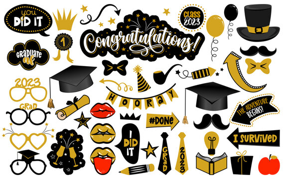 Congratulations Graduates photo booth prop set. Premium vector cap, hat, lips, eyeglasses, degree and many other. Graduation party photo booth. Let the adventure begin.